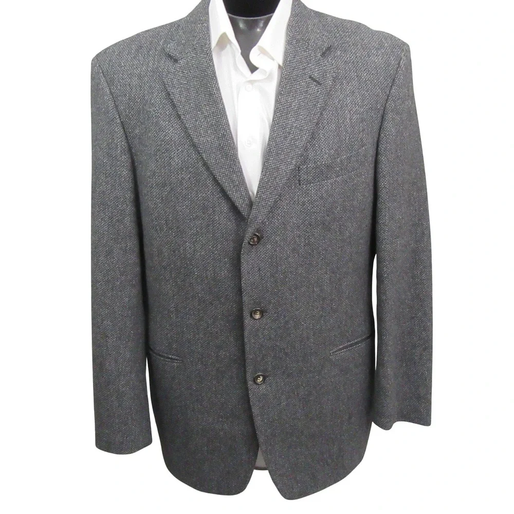 Hugo‎ Boss Mens Tweed Sport Coat 44L Gray Birdseye 3 Button Virgin Wool Ventless